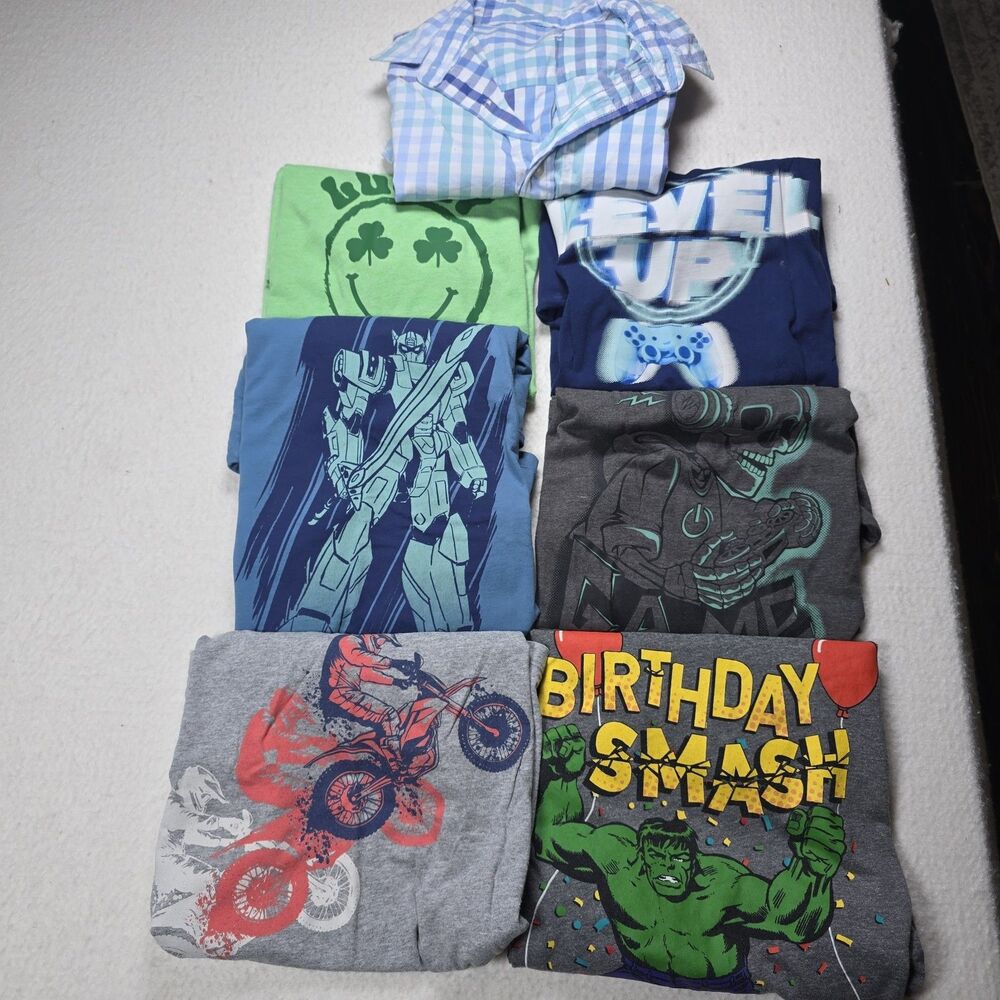 Boys Shirts Lot Hulk Gaming Shamrock Transformers Motorcycle Button Down L 10/12